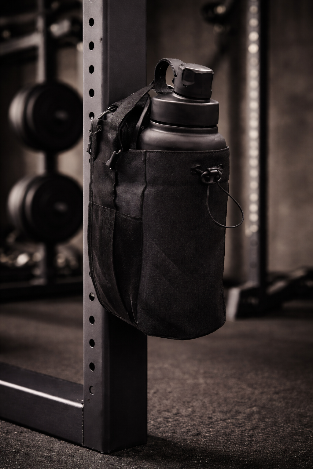 Magnetic Gym Bag attached to squat rack in gym